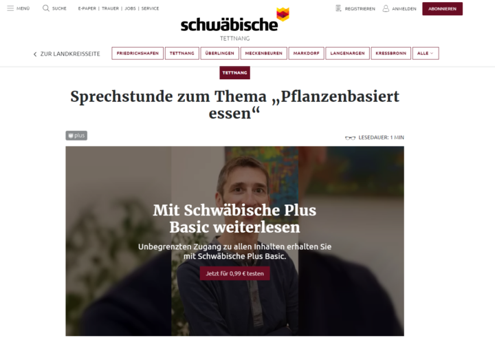 Schwäbische: Sprechstunde zum Thema „Pflanzenbasiert essen“
